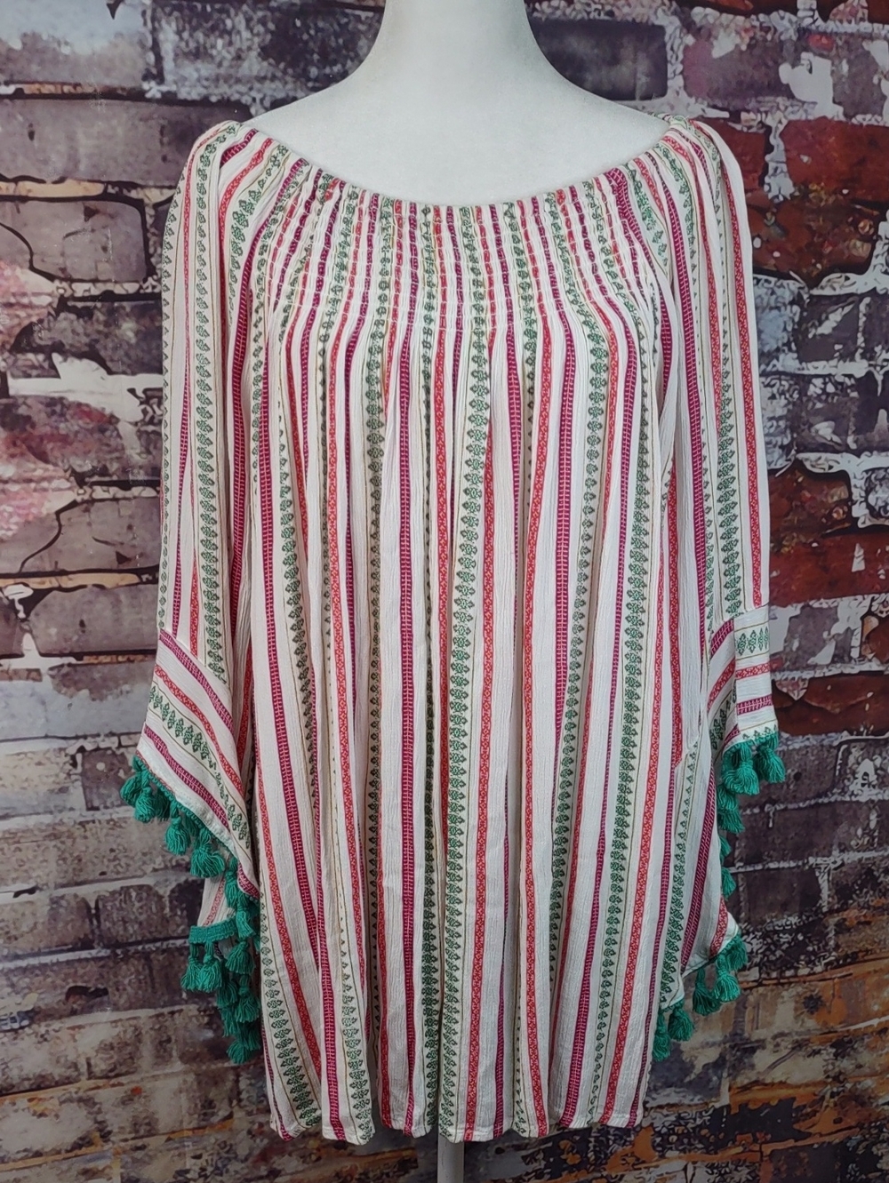 Studio West Striped Off-Shoulder Tunic with Green Pom-pom Trim